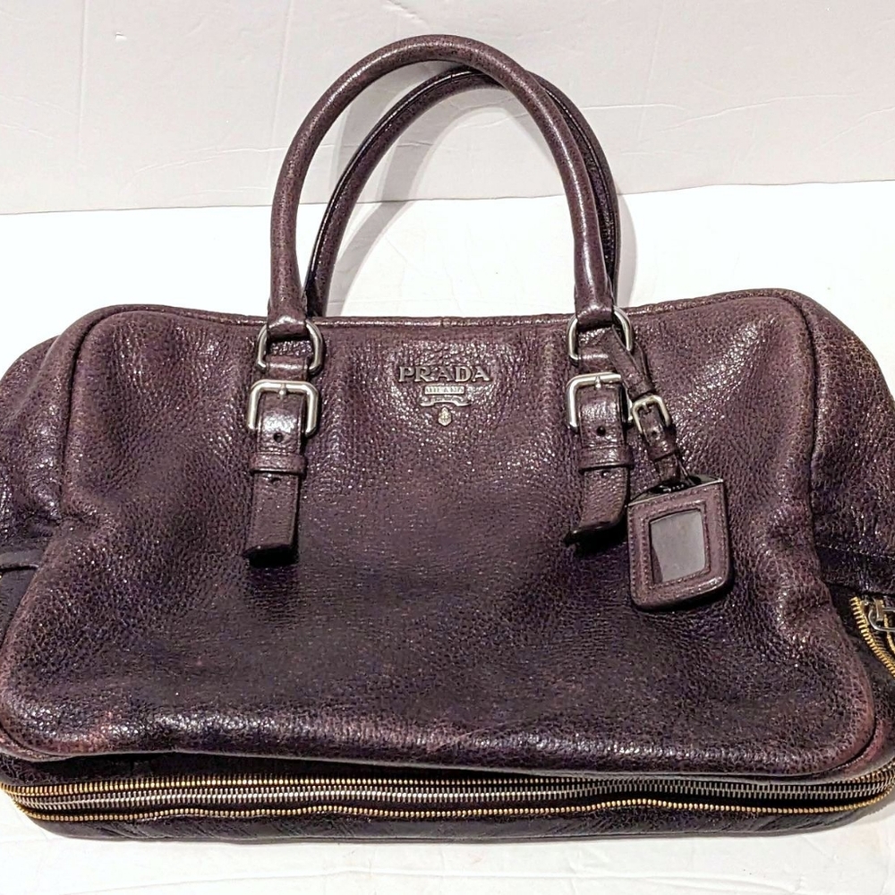 Prada Milano Bowler Sparkling Dark Mauve Leather Locket Zippered Handbag Luck